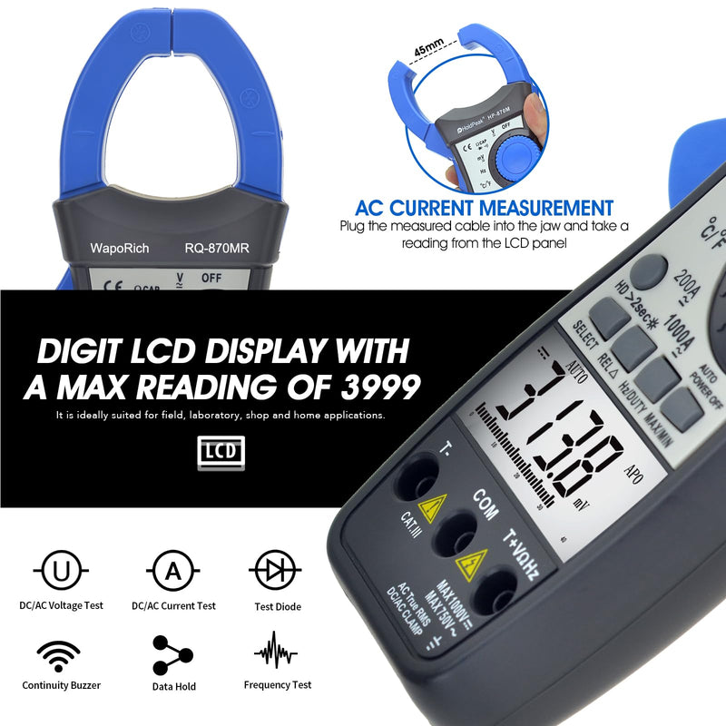 [Australia - AusPower] - Clamp Multimeter TRMS Auto-Ranging, 4000 Counts AC/DC Voltage Current Meter, Temp Frequency Capacitance Diode Continuity Tester Backlit(RQ-870MR) 