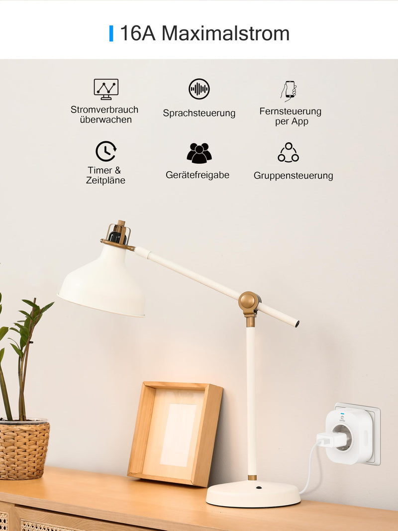 EIGHTREE Smart WLAN Socket with Current Measurement, 16 A, 2.4 GHz WiFi, Pack of 4 | Smart Home WiFi Socket with Schedule and Remote Access, TÜV Certified, Works with Alexa, Google Home, SmartThings