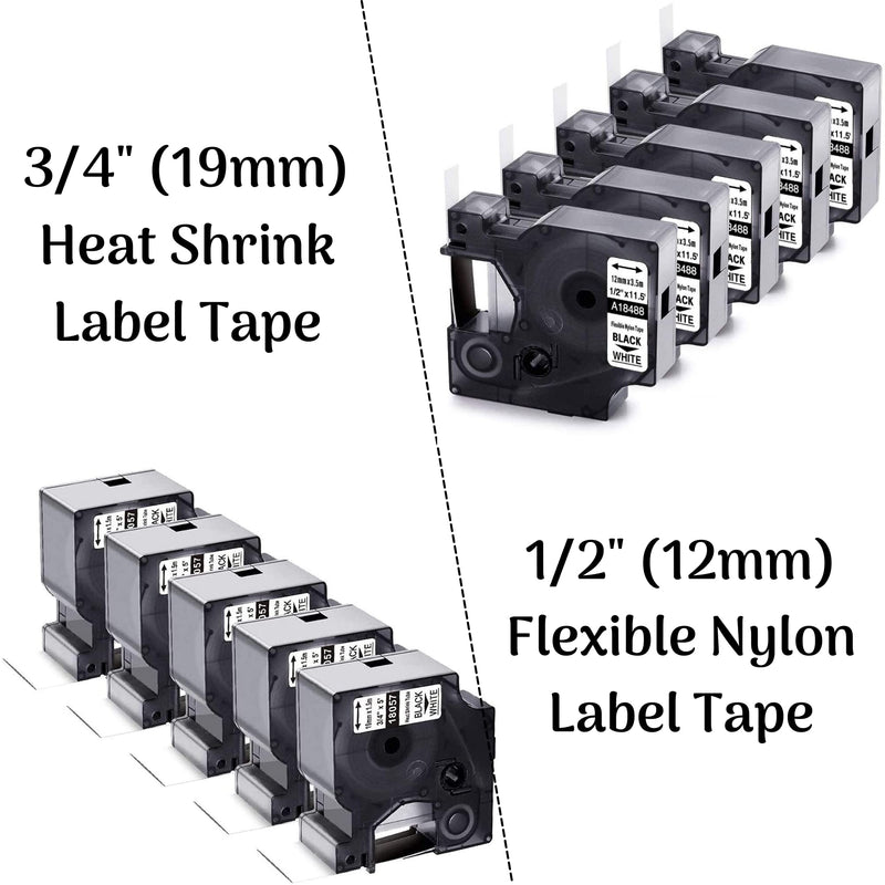 5Pack 3/4'' Heat Shrink Tube Labels + 5Pack 1/2'' Flexible Nylon Label Tape Compatible with Dymo Rhino 4200 5200 6000 Label Makers