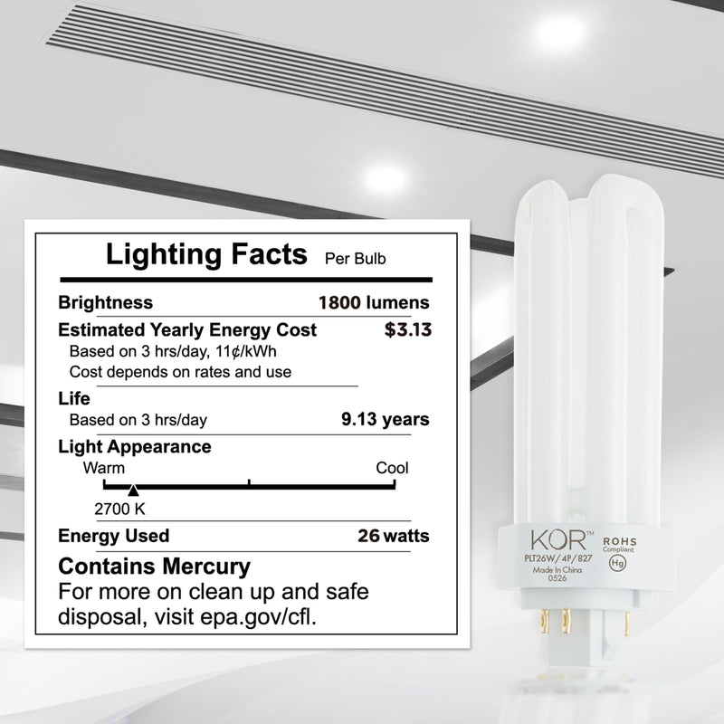 KOR (Pack of 8) PL26W/3U/4P/2700K - 26 Watt Triple Tube - GX24Q-3 (4 Pin) Base - 2700K Warm White - Compact Fluorescent Light Bulb 8 Pack