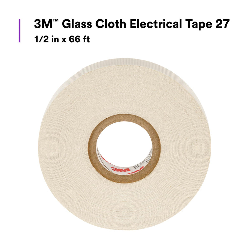 3M Glass Cloth Electrical Tape 27, ½ in x 66 ft, 1 Roll, Non-Corrosive Adhesive, Pressure Sensitive, High Temperature, Corrosion Protection, 7-mil Woven 1/2 in x 66 ft
