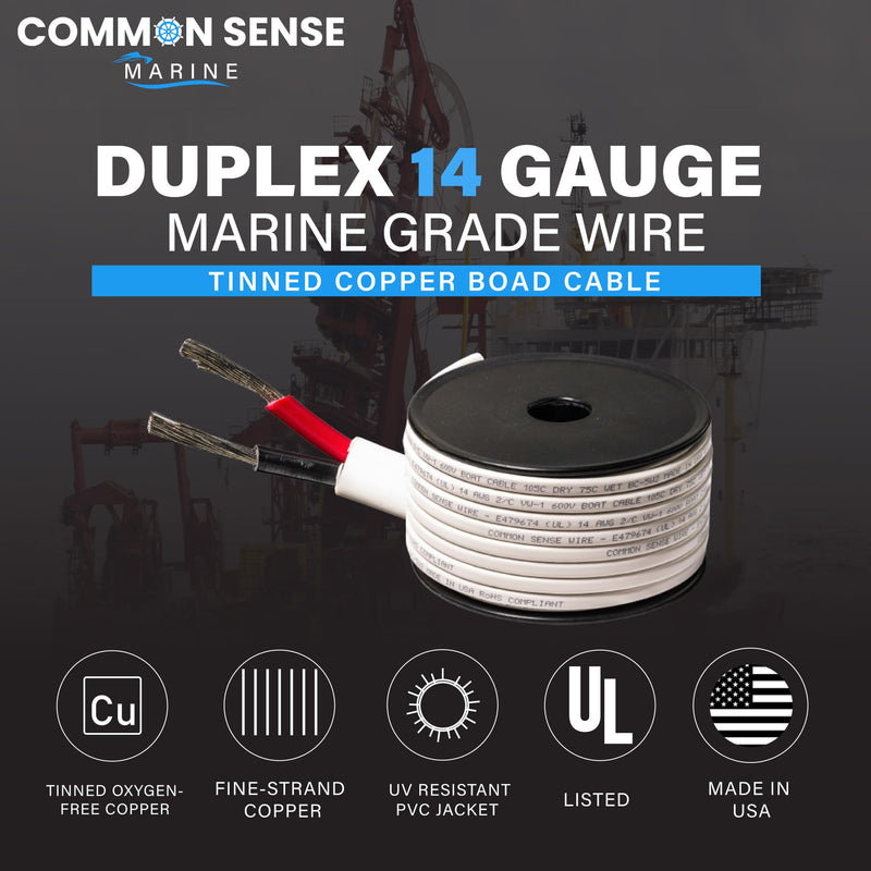 14 Gauge 2 Conductor Marine Wire - 30 ft Duplex Flat Marine Grade Wire Tinned Copper Oxygen-Free Insulated - 14/2 AWG UL 1426 Standard PVC Wire for Boat, Automotive, Speakers, Camper & Trailers 30 Feet (Spooled)