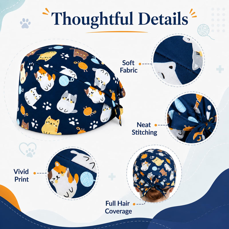 Surgical Cap for Cats, Scrub Cap, Cotton, Adjustable, Breathable, Reusable, for Women, Men, Dentists, Veterinarians, Clinics, Surgical Staff, Long Hair, 1 Piece