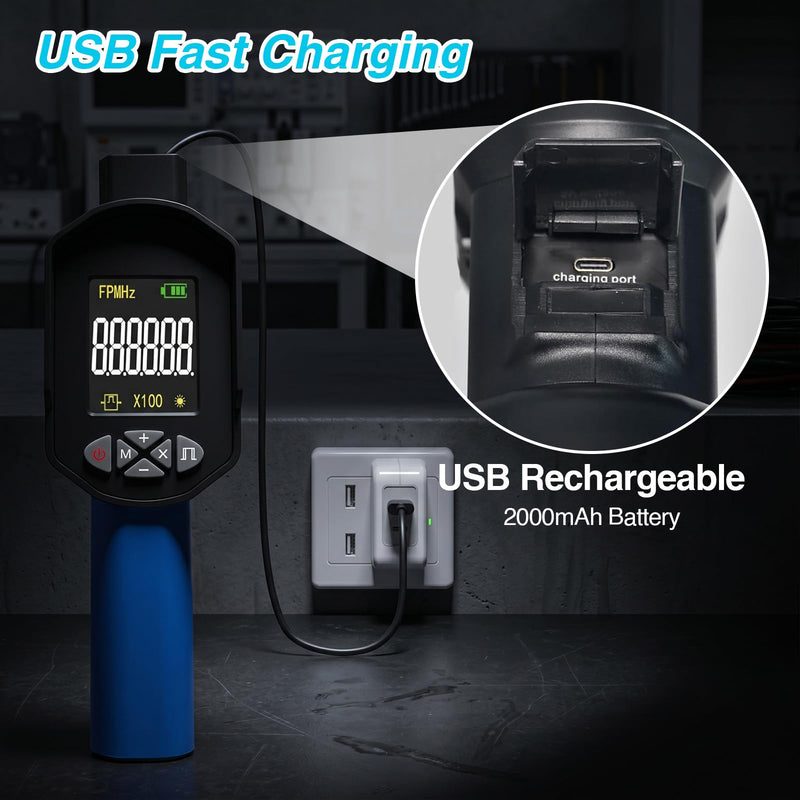 60-100000 RPM Digital Strobe Speedometer, Non-Contact Handheld LED Strobe with 0.001% Accuracy of Speed Measurement, 1500LUX, 16 LEDs, USB Rechargeable, LCD Display for Motors, Fans