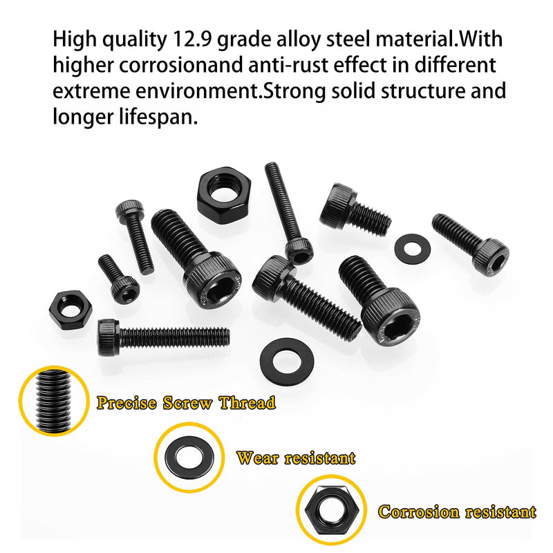 [Australia - AusPower] - AXK 1060pcs M2 M3 M4 M5 Hex Socket Screw Set Carbon Steel Flat Round Cap Head Screws Bolts and Nuts Assortment Kit with Storage Box (Black, M2, M3, M4, M5) Black 