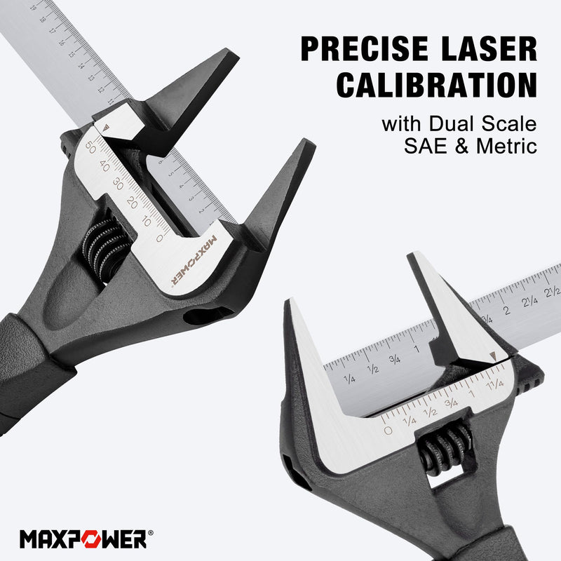 MAXPOWER Slim Adjustable Wrench Set, 6" & 10" Wide Jaw Opening, Dual Scale With Metric and SAE Plumbing Wrenches, Deep Jaw With Soft Grip Handle 6" 10"