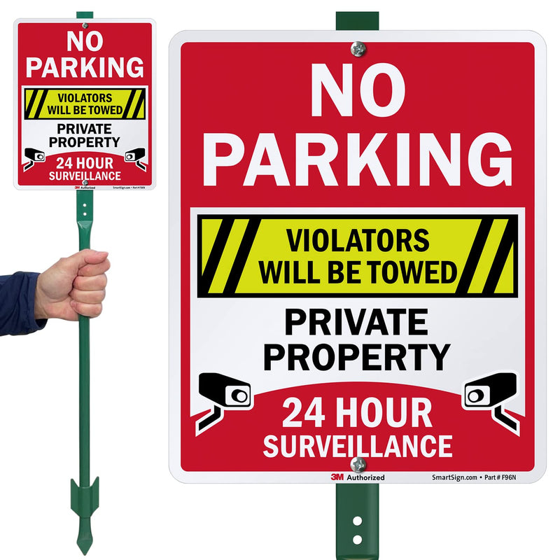 SmartSign 12" x 10" 'No Parking Violators Towed Private Property 24 Hour Surveillance' Yard Sign with 3 ft Stake, 40 mil Aluminum, 3M Laminated Engineer Grade Reflective, Set of 1 10" x 12" Reflective Aluminum Sign with 3' Stake