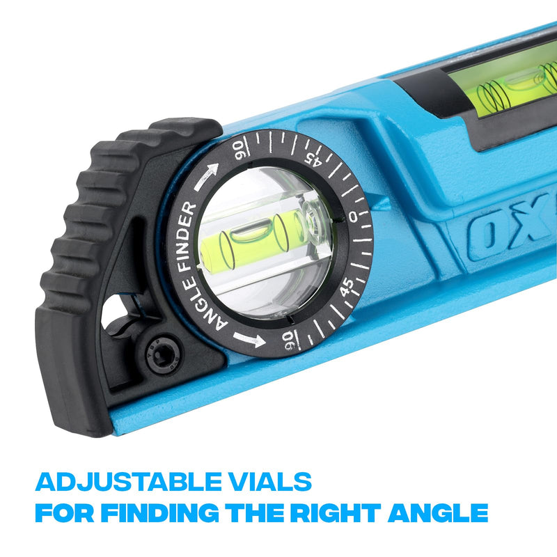 [Australia - AusPower] - OX Tools Pro 10 inch Magnetic Torpedo Level - Adjustable 3-Vial Aluminum Level with V-Groove Base - PVC Shock Absorbing End Caps with Angle Finder Vial - OX-P027210 