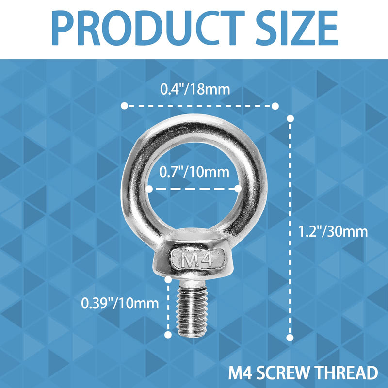 [Australia - AusPower] - 12pcs M4 Eye Bolt, Stainless Steel Male Thread Machinery Shoulder Lifting Ring Eye Bolt, Heavy Duty Screw Eyebolt M4-12pcs 