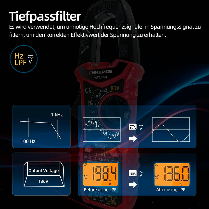FNNEMGE HT206D Current Clamp, Current Meter DC/AC Current: 0-600A, Multimeter True-RMS 6000 Counts Auto Ranging, Measures Voltage Capacity Continuity (AC/DC Current)