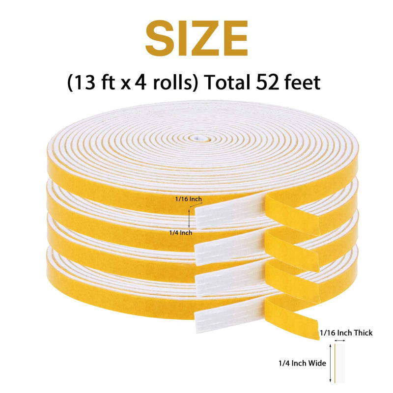4 Rolls Weather Stripping for Doors, 1/4 Inch Wide X 1/16 Inch Thick Total 52 Feet Long Adhesive Soundproof Foam Seal Tape for Windows(13ft x 4 Rolls) 1/4" (W) x 1/16" (T) x 52' (L) White
