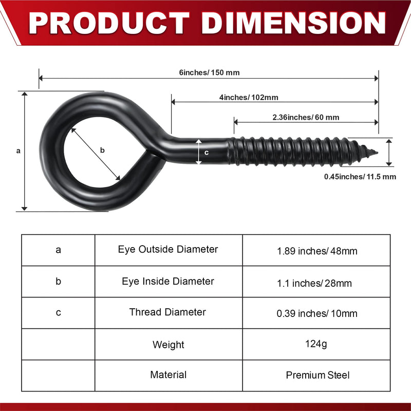 [Australia - AusPower] - 6 Inch Heavy Duty Black Screw Eyes Hooks, 700LBS Breaking Strength, 4PCS Self Tapping Eyelet Screw Eye Bolts, Screw in Eye Hooks for Wood Securing Cables Wire, Heavy Indoor & Outdoor Uses 