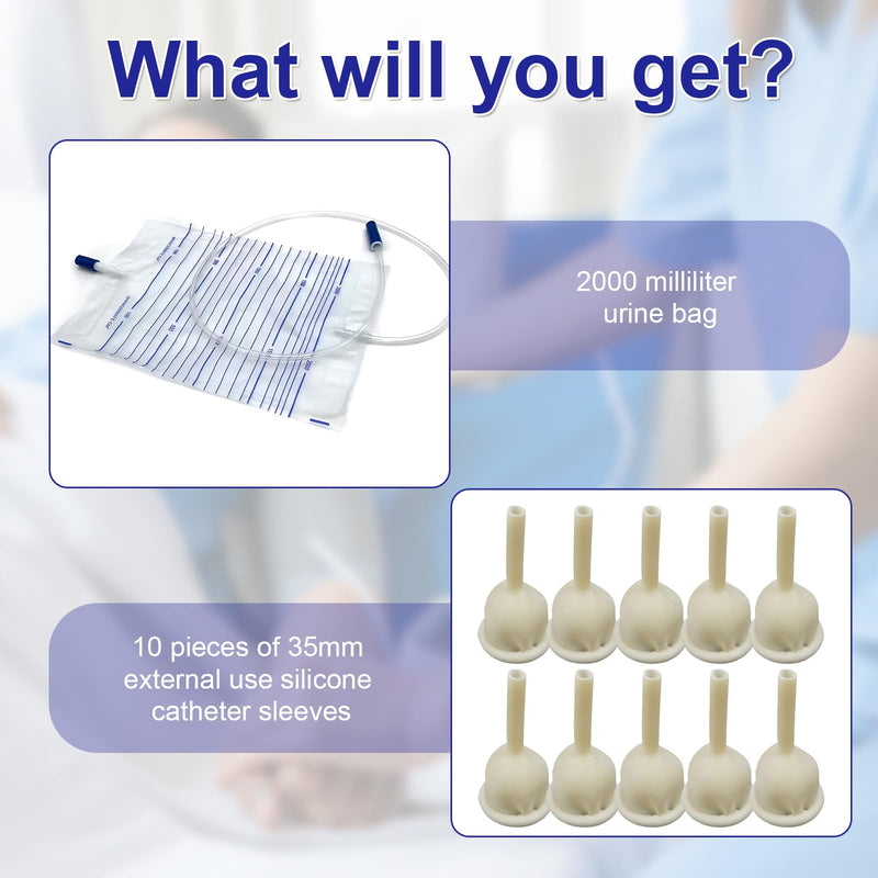 Pack of 10 Urinal Condoms for Men (35 mm), External Self Seal, Rubber Catheter, Urine Bag 2000 ml, Hypoallergenic, Secure Connection, Suitable for Urinary Incontinence