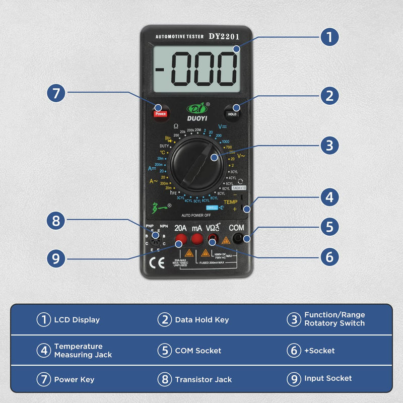 [Australia - AusPower] - Digital Car Tester Multimeter 500-10000 RPM Digital Multimeter DC AC Volt Meter, Measuring of Motor Dwell Angle, Temperature Tester 