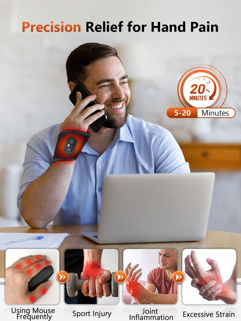 Red Light Therapy for Hands Wrist with Heat & Massage, FSA/HSA Eligible, 3000mAh Wireless Controller, Wearable Near Infrared & Red Light Wrist Wrap with 36 Beads for Faster Recovery & Hand Pain Relief