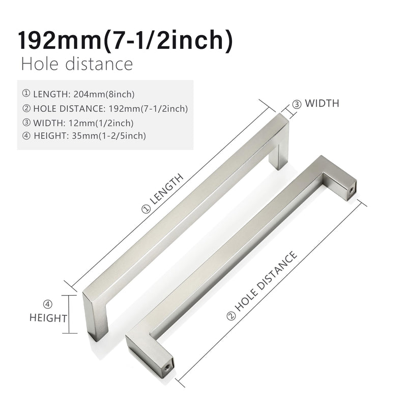 Cabinet Pulls Brushed Nickel Cabinet Handles Square Drawer Pulls, 10 Pack 7-1/2 Inch Stainless Steel Kitchen Door Cupboard Cabinet Handles, Cabinet Hardware Drawer Handles, 192mm Hole Centers 7-1/2 inch Hole Centers (192 mm)