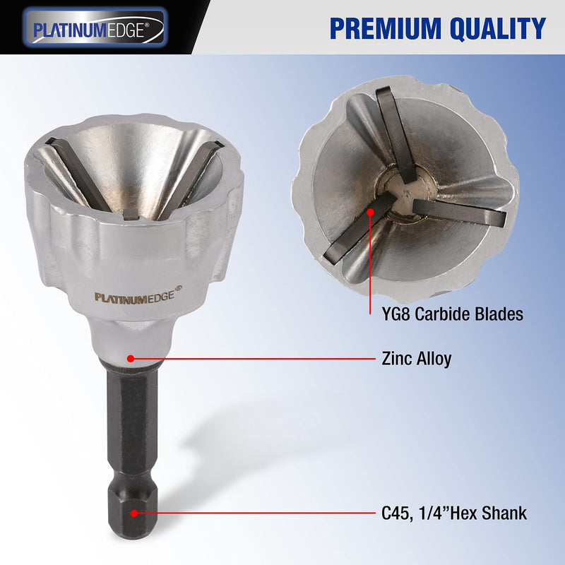[Australia - AusPower] - PLATINUMEDGE Deburring External Chamfer Tool, YG8 Carbide Blade, Deburring Drill Bit, Remove Burr Tools, Quick Release 1/4inch Hex Shank, Repairing Damaged Bolts, Fits for 1/8-3/4 (3mm-19mm) 
