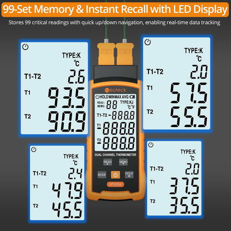 [Australia - AusPower] - Neoteck Digital Thermocouple Thermometer -50~700℃High-Precision Dual Channels with 4 K-Type Thermocouples Data Storage and Retrieval Widely Used in HVAC, Automobile,Electrical Maintenance etc. 