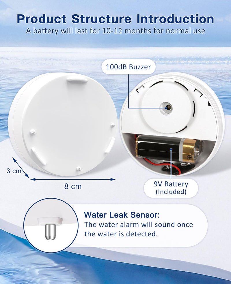 [Australia - AusPower] - Geevon 4 Pack Water Leak Detectors, 100dB Water Sensor Alarms Flood Detector for Basements, Bathrooms, Laundry Rooms, Kitchens, Garages, and Attics, Water Alarms Battery-Operated (Battery Included) White 