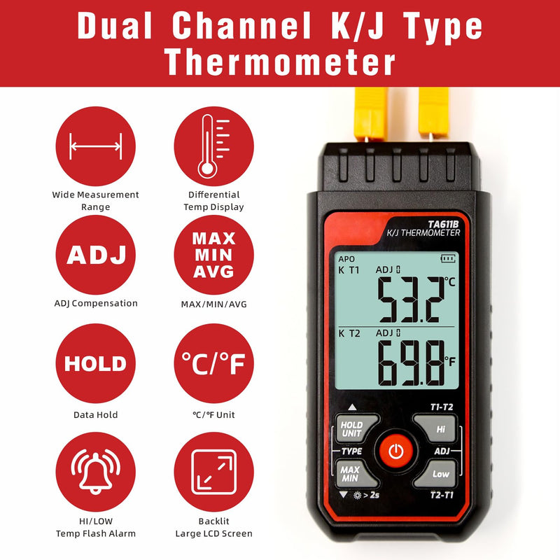 [Australia - AusPower] - Thermocouple Thermometer Digital K/J Type Temperature Thermometer w/ 4 K-Type Thermocouples, Dual-Channel HVAC Temperature Meter -328~2501℉ Measuring Range with Backlit LCD, Alarm & ADJ Compensation 