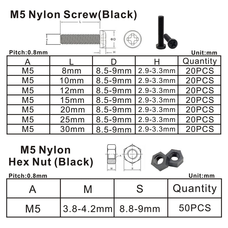 [Australia - AusPower] - Metric M5 Nylon Phillips Pan Head Screws Nuts Flat Washers Assortment Kit (Black-M5) Black-M5 