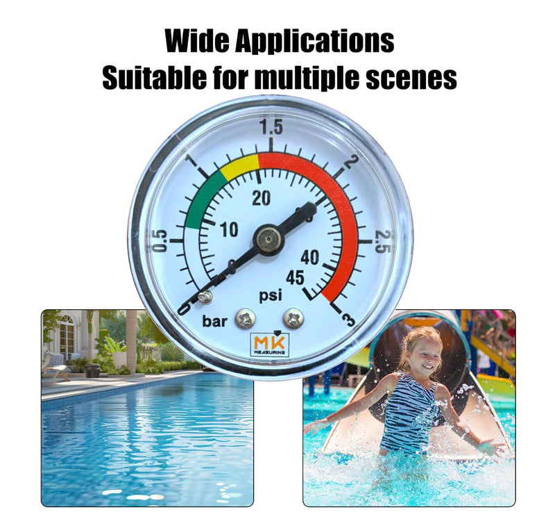 [Australia - AusPower] - Sand Filter Pressure Gauge 0-3 Bar / 45 PSI 1/4 Inch NPT Connector Rear Brass for Pool Sand Filter Supplied with Teflon and 1/8 Inch Adapter 1/4 NPT 