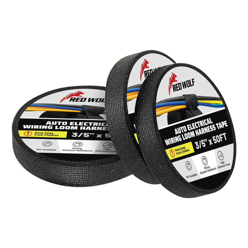 RED WOLF Wire Electrical Tape, 3/5 Inch x 50 Feet 3-Roll, Felt Cloth Electric Tape Noise Dampening High Temp Wiring Loom Harness, Self-Adhesive Fabric Tape for Automotive Engines Wrap Protection