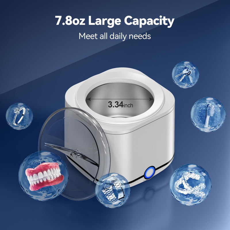 [Australia - AusPower] - Ultrasonic Retainer Cleaner, 48kHz Retainer Cleaner Machine for Dentures, Mouthguard, Braces, Night Guard, Toothbrush, Jewelry with 7.8OZ Dental Cleaning Pod-Cool White Cool White 