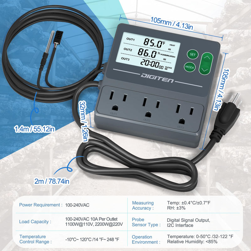 [Australia - AusPower] - DIGITEN Temperature and Humidity Controller with Timer - 3 Outlet, 2 Separate Probes, Plug in Temperature Controller for Reptiles,Snake, Mushrooms, Tent, Triple Control for Temp,Humidity,Time 