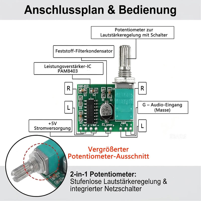 2 x PAM8403 Digital Audio Verstärkerplatine Modul, DC 5V Audio-Verstärker | mit 2 Stück 1.5" 4Ohm 3W Loudspeaker Audio-Lautsprecher Mini Lautsprecher, Potentiometer für DIY Lautsprecher und Kopfhörer