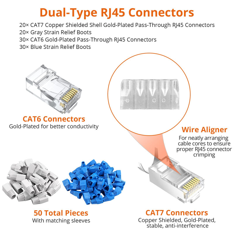 Proster RJ45 Crimp Tool - Cat7 Crimping Tool for 8P RJ45 CAT5/6/7 & 6P RJ11 RJ12 Connector with Rechargeable Network Cable Tester, CAT7 Gold Plated STP Connectors & UTP CAT6 Connectors Cat7 Yellow