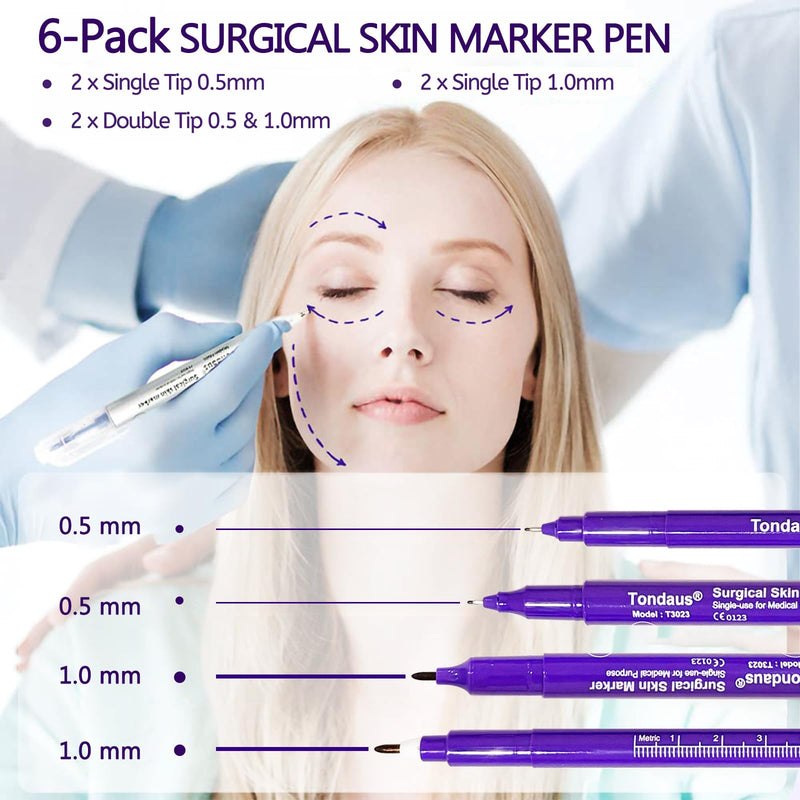 [Australia - AusPower] - 6Pcs Professional Surgical Tip Skin Marker Pen Purple Ink Stencil Markers Pen with Paper Ruler for Eyebrow, Tattoo Skin Marking Individually Wrapped 0.5MM & 1MM (Purple) 