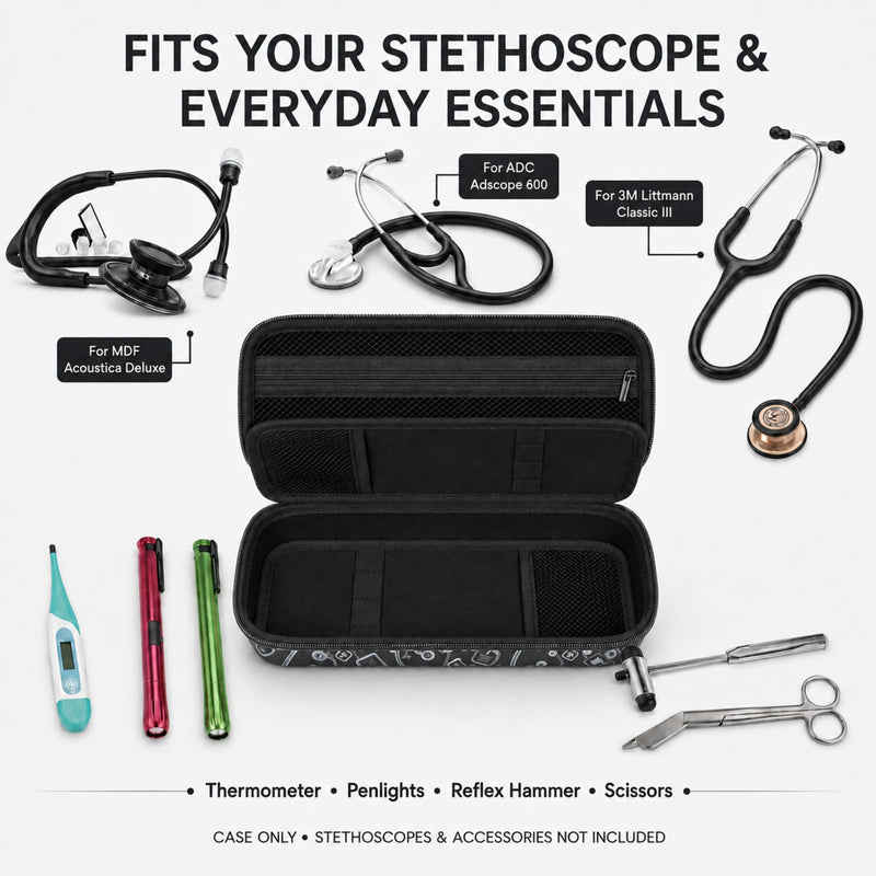 Stethoscope Case - Hard Carrying Bag Compatible for St John Ambulance/ 3M/ MDF/AKORD Dual or Single Head Littmann Stethoscope - Includes Mesh Pocket for Accessories Black