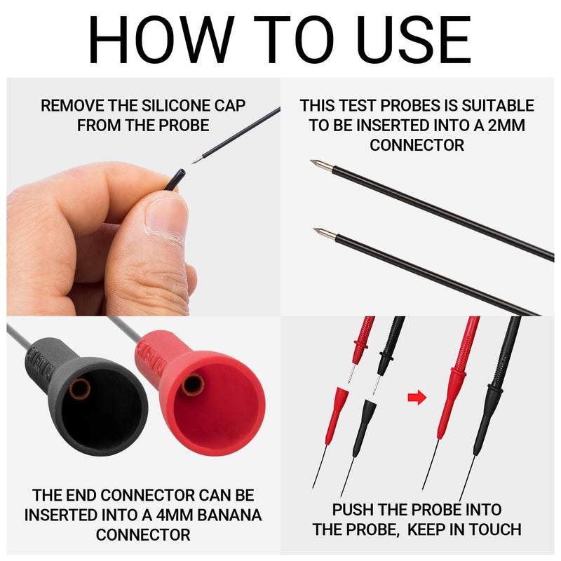 [Australia - AusPower] - 2 Pack Multimeter Test Probes, 2mm Needle Non-Destructive 600V/10A Multimeter Probes, Insulated Electrical Leads for Leads tl71 tl75- Black & Red Black & Red,2pcs 