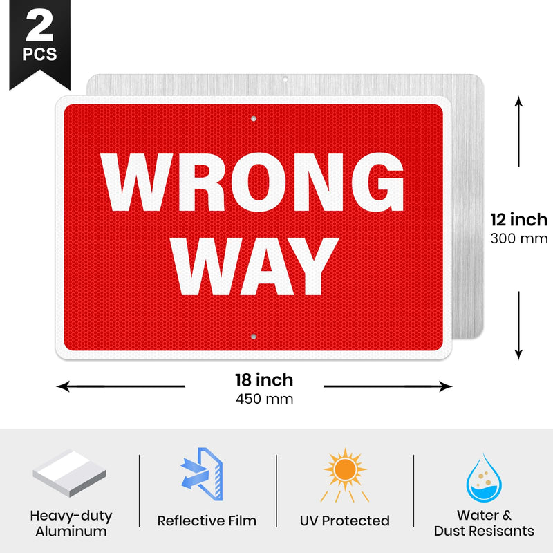 2 Pack Wrong Way Signs 18 x 12 Inch Reflective Aluminum Traffic Signs Rust-Free Weatherproof Wrong Way Signage for Highway Off-Ramps One-Way Streets Parking Lots Warehouses