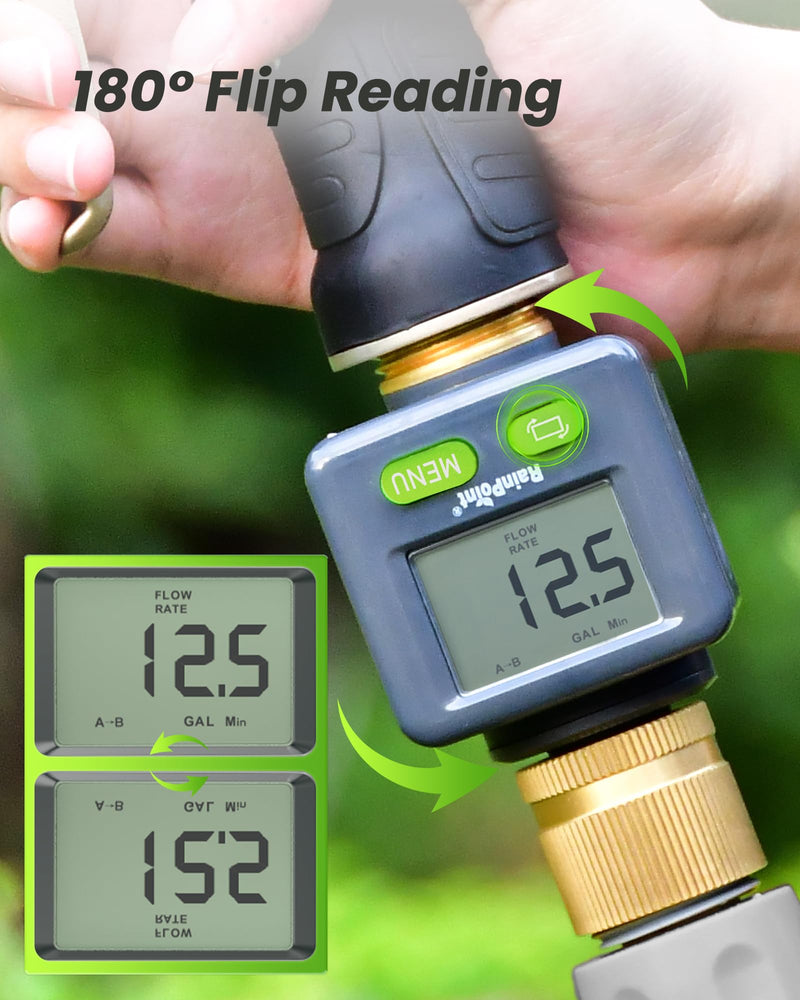 RAINPOINT Water Flow Meter with Brass Inlet & Outlet, 180° Screen-Flip Water Meter, Measure Gallon/Liter Consumption for RV Filling, Garden Watering, Sprinkler and Hoze Nozzle, 2pcs Gray