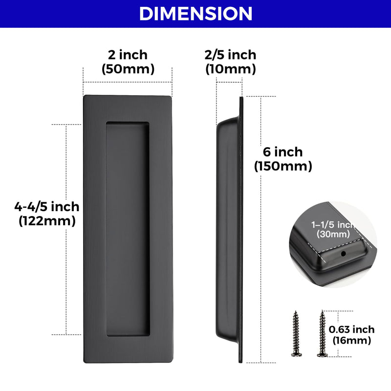 JOY DECOR 8 Pack Pocket Door Handles, 5.9" Rectangular Recessed Pulls for Sliding Closet and Barn Doors, Black Flush Finger Pulls 5.9 inches Black Rectangular