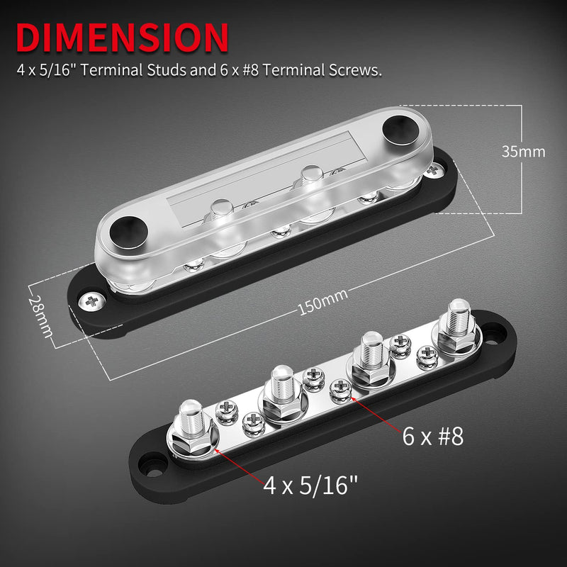 [Australia - AusPower] - DAIERTEK Bus Bar Terminal Block 4 x 5/16" (M8) Terminal Stud, 6 x #8 (M4) Screw Terminal Positive & Ground Power Distribution Block with Cover Marine Battery Bus Bar 12V - 48V for Automotive Car Boat 150A-M8 