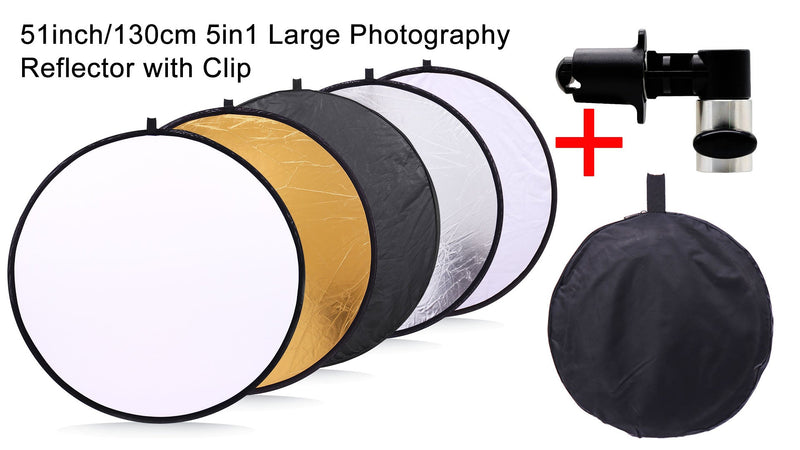 Large 5 in 1 Reflector Photography, 51in/130cm Photo Reflector with Clip open size:130cm/51inch
