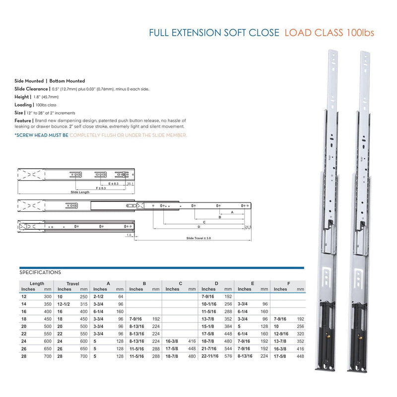 Pair of 12" Rok Hardware Soft Close Drawer Slides, Full Extension, Ball Bearing, 100 lb Weight Capacity - Available in 12", 14", 16", 18", 20", 22" and 24" Lengths 12 Inch