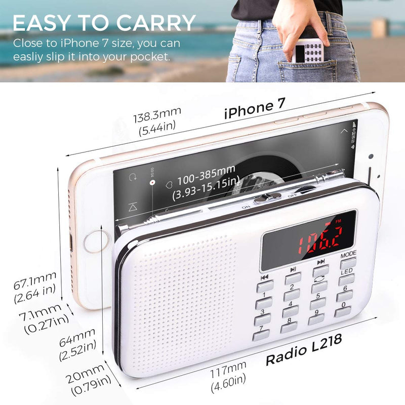 [Australia - AusPower] - Mini Portable Radio AM FM Pocket Radio with MP3, LED Flashlight, Digital Radio Speaker Support Micro SD/TF Card/USB, Auto Scan Save, 1200mAh Rechargeable Battery Operated, by PRUNUS White 