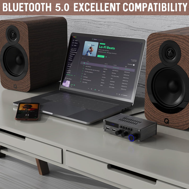 [Australia - AusPower] - Sunbuck Mini Amplifier, Stereo Receivers for Home Stereo System, 2 Channel Stereo Amplifier with RCA/USB/FM, Bluetooth Receiver Amplifier, Home Theater 300Wx2, Mini Amplifier for Speakers, AS-22BU Mini Size-300W 