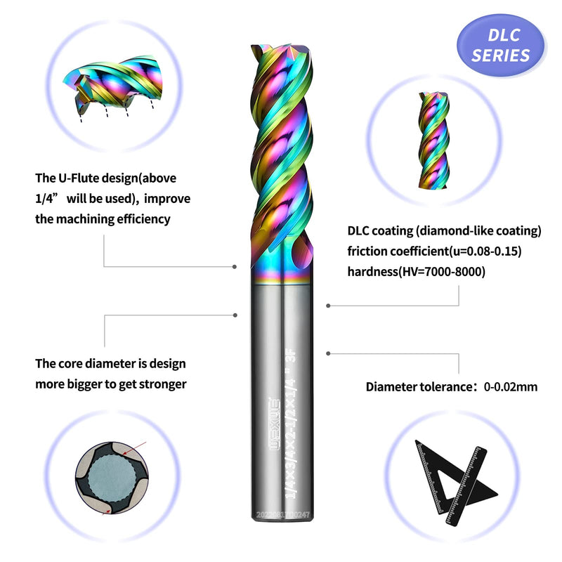 [Australia - AusPower] - Tools Carbide End Mills Set, DLC Coating, CNC Mill Bits for Aluminum, Composite Materials,3 Flute Solid Carbide Square End Mills (1/8" 3/16" 1/4" 3/8" 1/2" 5pcs) SET-DLC 1/8" 3/16" 1/4" 3/8" 1/2" 5PC 