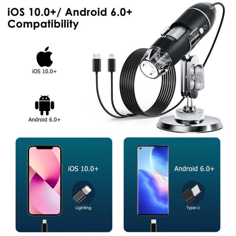 [Australia - AusPower] - USB Digital Microscope, SKYBASIC Handheld HD Inspection Camera with 50x to 1600x Magnification and Adjustable Stand, 8 LED Lights, Compatible with iOS and Android Devices Black 