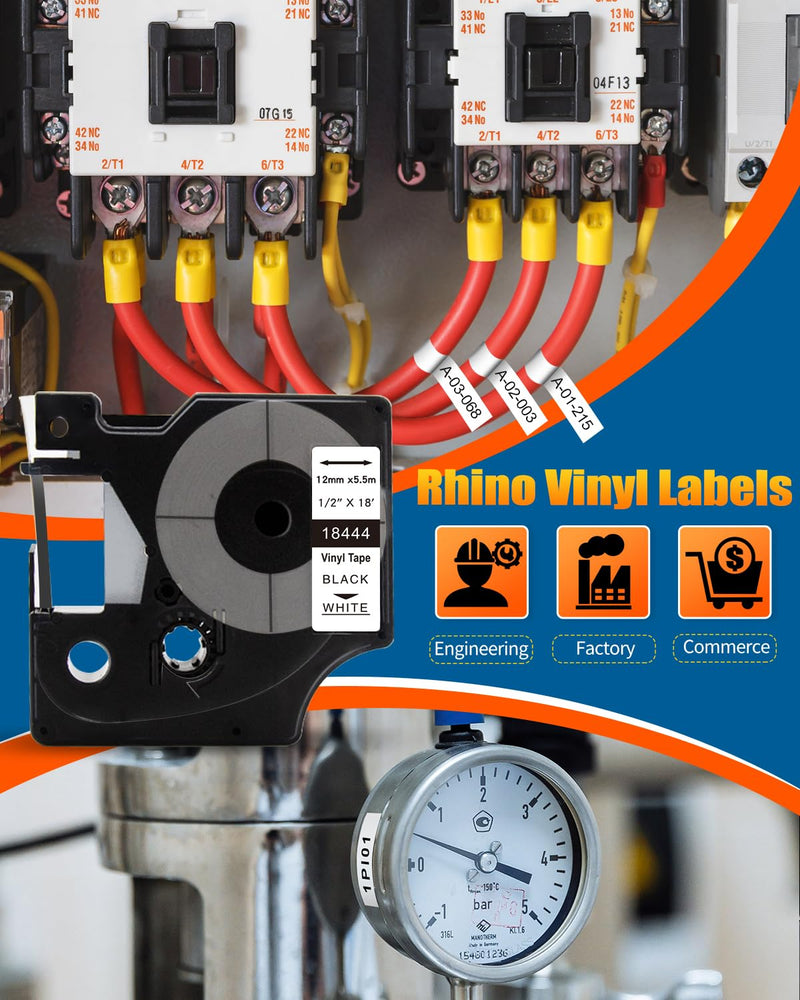 [Australia - AusPower] - Compatible with Dymo Rhino 5200 4200 6000 Industrial Vinyl Labels Compatible with Dymo Rhino Permanent Vinyl Industrial Label Tape, Black on White, 12mm x 5.5m, 5 Pack 18444 Label Tape 1/2 Inch 