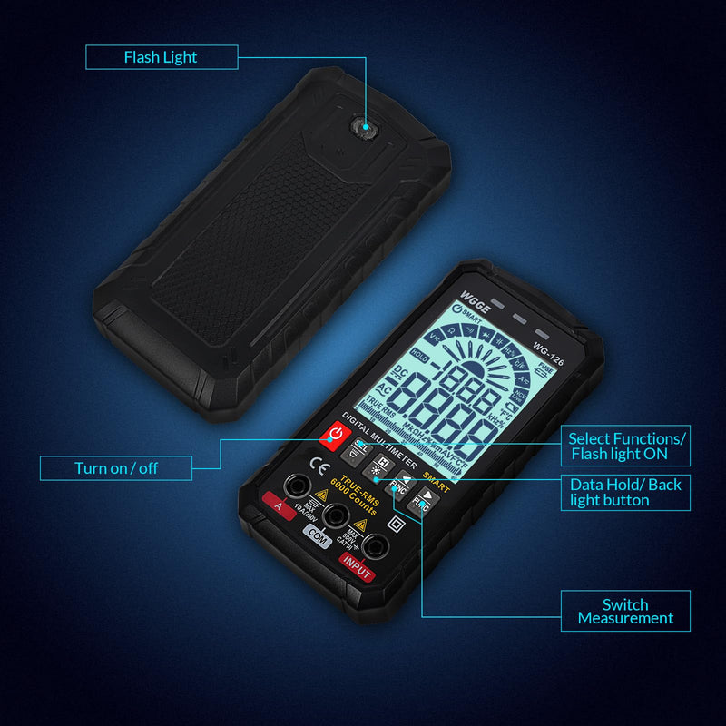 [Australia - AusPower] - WGGE Digital Multimeter Voltmeter Smart Electrical Tester Measures Voltage Current Resistance Continuity Duty-Cycle Capacitance Temperature Frequency Auto Ranging 6000 Counts TRMS 