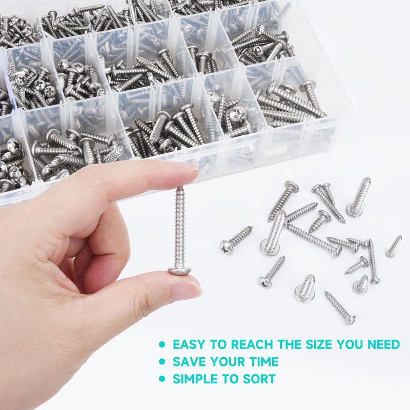 542PCS #4#6#8#10#12 Phillips Head Screw Set Stainless Steel Wood Screws Assortment Kit, Assorted Sheet Metal Self Tapping Screws, 18-8(304) Stainless Steel (pan Silver) pan silver