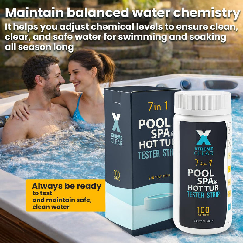 7-in-1 Swimming Pool Hot Tub & Spa Test Strips, 100 Count Pool Water Test Kit for Bromine, Chlorine, pH, Alkalinity, Hardness, Cyanuric Acid – Quick & Accurate Pool and Spa Water Testing
