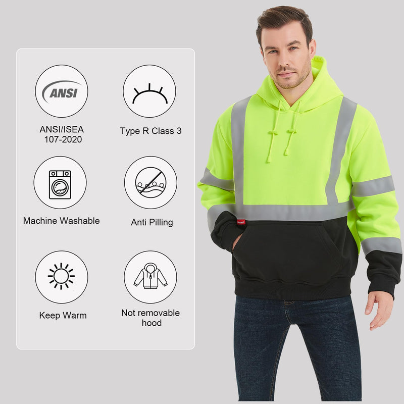 ProtectX Hi Vis Hoodie for Men Women High Visibility Safety Sweatshirt Reflective with Pockets for Construction Work Class 3 Large Neon Green - Pullover