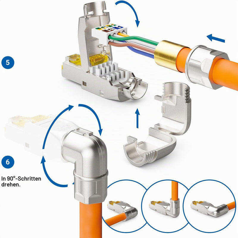 deleyCON CAT 8 Network Connector 90° Angle RJ45 40Gbps Pack of 2 | Tool-free, shielded, for rigid installation cables, raw cables, RJ45 Ethernet LAN DSL patch cable Angled 2 pcs.